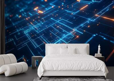 Abstract blue geometric shapes with glowing lines on a dark blue background, concept of digital technology. 3D Rendering Wall mural