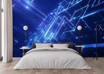 Abstract blue geometric shapes with glowing lines on a dark blue background, concept of digital technology. 3D Rendering Wall mural