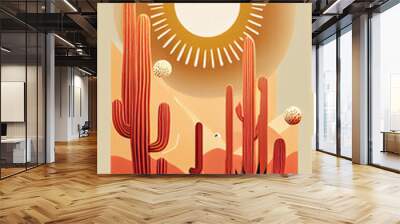 Abstract Illustration of Desert Plants and Geometric Sun in Mid Century Modern Style Wall mural