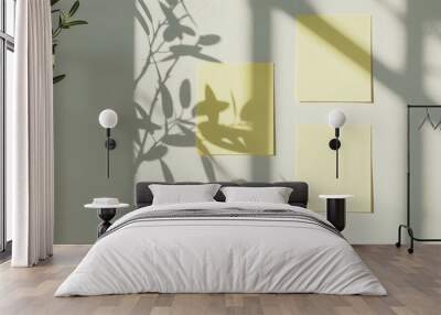 aesthetic yellow sticky note reminders on white background. Sun rays and shadows. Wall mural