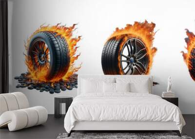 Auto tire in fire burning wheel on transparent background. Wall mural