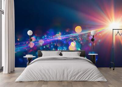 Blue light flare prism rainbow flares overlay effect on black background light crossing crystals prismatic sun catcher reflections rays Abstract blurred colourful lens flare bokeh on d : Generative AI Wall mural