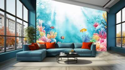 Colorful Watercolor Underwater Scene with Coral Reefs and Tropical Fish