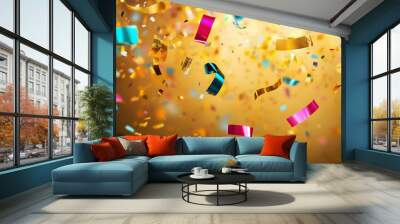 Festive party scene with flying neon confetti against a golden background - Wall mural