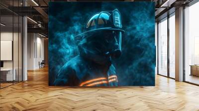 Fireman wearing firefighter turnouts and helmet. Dark background with smoke and blue light created with Generative Ai. Wall mural