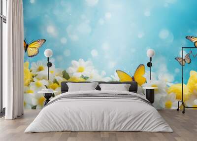 flowers and butterflies, Flowers in the sky with butterflies, A picture of butterflies flying in the sky with the sun behind them

 Wall mural