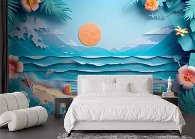 
Generate a modern illustration depicting a scenic sea view with vibrant blue water in the background and a sandy beach in the foreground, water guns, and inflatable floats set up along the shore, cre Wall mural