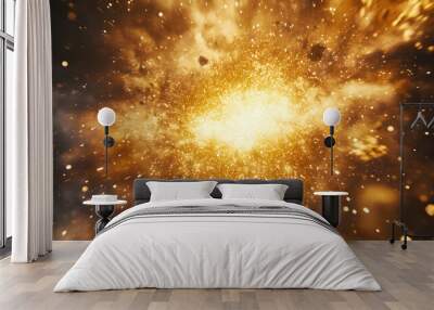 Golden explosion with glittering particles, illustrating a fast, light-filled background   - Wall mural