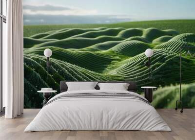 green field with wavy lines background. Abstract organic green lines as wallpaper illustration Wall mural