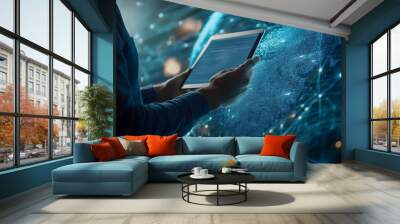 Internet technology and digital software development, man using a tablet with global network Wall mural