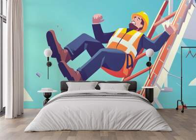 Man falling off the ladder. Accident of a man worker at the construction site. Work injury, accident in workplace.illustration Wall mural