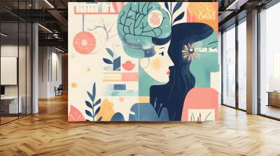 Mental Health and Wellness - An illustration focused on mental health, showing supportive care, therapy sessions, and symbols of well-being Wall mural