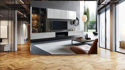 Modern TV unit design in a sleek contemporary living space  -   Wall mural