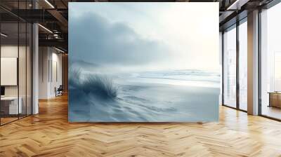 Morning Beach with Fog and Soft Light - An illustration of a beach in the early morning, with a light fog rolling in and soft light illuminating the sand and waves Wall mural