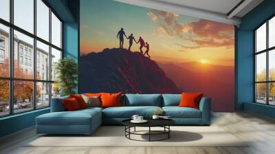 Panoramic view of people holding hands and helping each other reach the mountain top at sunset.  - Wall mural