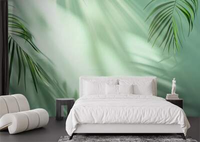 Photo of a modern solid color background with soft shadows from palm leaves in the style of light green and gray colors, for a product presentation template design  Wall mural