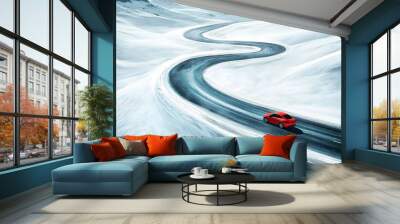 Red car driving on a snowy road, aerial view of a winding winter highway, symbolizing travel and adventure   - Wall mural