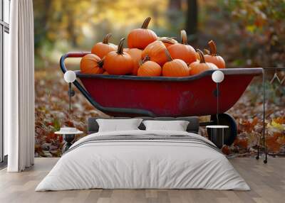 Red wheelbarrow filled with bright orange pumpkins, set in a vibrant autumn landscape - Wall mural