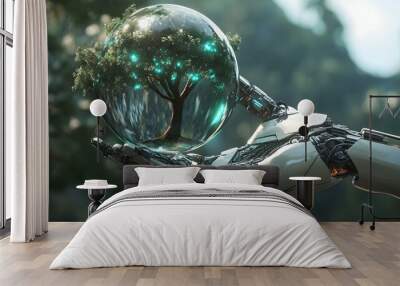 Robot hand holding Earth with a crystal globe and tree, symbolizing sustainability  - Wall mural