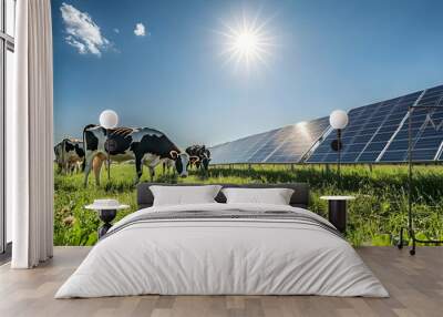 Solar panels in a field with cows grazing beneath a bright blue sky, representing sustainable energy  -   Wall mural