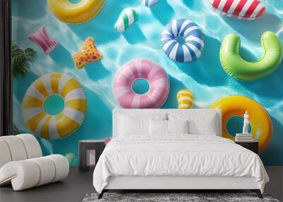 Summer swimming pool full of fun pool floats. Overhead view, 3D Rendering Wall mural