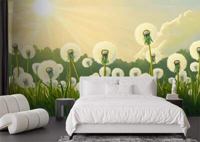 Sunny Field of Dandelions Ready to Bloom - An illustration of a field full of dandelions in the early stages of blooming, bathed in warm spring sunlight Wall mural