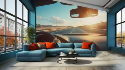 The point-of-view perspective from a driving car on a highway captures the sense of motion and travel Wall mural