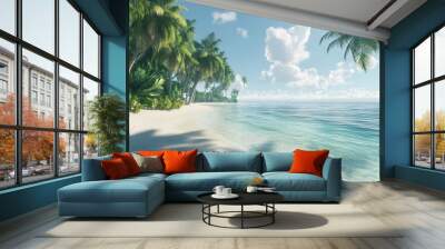 Tropical paradise beach with clear water, white sand, and tall palm trees swaying in the breeze. - Wall mural