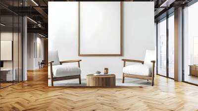 Two armchairs in room with white wall and big frame poster on it. Scandinavian  interior design of modern living room. Created with generative AI Wall mural