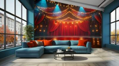 Vibrant circus stage with red curtains and glowing lights, evoking a whimsical performance atmosphere  - Wall mural