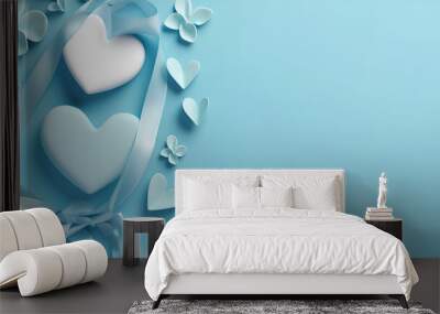 white heart on blue background, Romantic Valentine's Day Bliss Captivating Pink Flowers and Hearts on Pastel Blue Background
 Wall mural