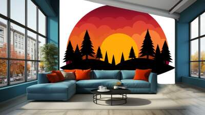 Sunset with magical forest of minimal illustration Wall mural