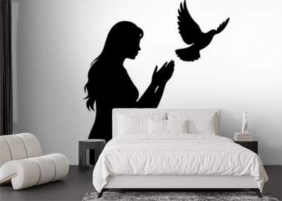 Women praying and free bird fly | isolated vector silhouette illustration on white background Wall mural