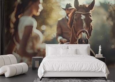 a bride on a horse and a groom  Wall mural