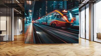 a train moving at night  with light trail city background Wall mural