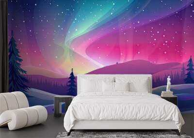 Beautiful arctic aurora in the night sky. Bright aurora borealis. Winter landscape in the northern regions. Snowy valley. Spruce trees in snowdrifts.  Wall mural