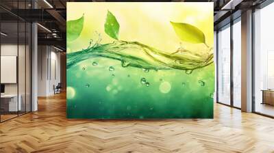 Beautiful clear green water waves with leaves on colorful background. High quality background for banner  poster  wallpaper or templateBeautiful clear green water waves with leaves on colorful backgro Wall mural