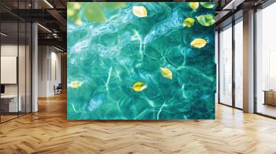 Beautiful clear green water waves with leaves on colorful background. High quality background for banner  poster  wallpaper or templateBeautiful clear green water waves with leaves on colorful backgro Wall mural