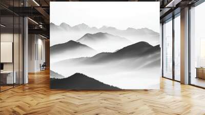 Black and white mountain range silhouette. Wide view with fog. Background of mountain ridges and hills. Wall mural