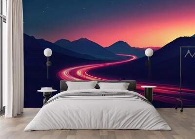 Car speed lights. Glowing trail  highway road line  fast and long night exposure  red lane blurred effect. Mountains and night sky. Vector abstract background with dynamic flashlight Wall mural