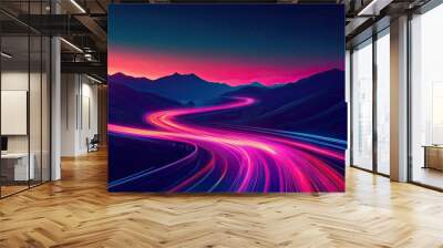 Car speed lights. Glowing trail  highway road line  fast and long night exposure  red lane blurred effect. Mountains and night sky. Vector abstract background with dynamic flashlight Wall mural