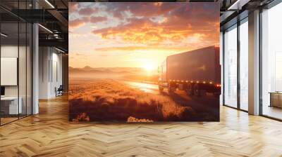 Cargo truck driving through landscape at sunset  Wall mural