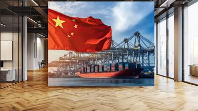 Chinese flag near port. Arrows of cranes from sea harbor Maritime logistics in China. Import of Chinese goods by sea. Export at China Wall mural