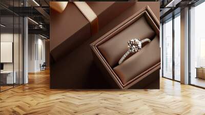 Diamond ring in jewelry gift box floated on brown background Wall mural