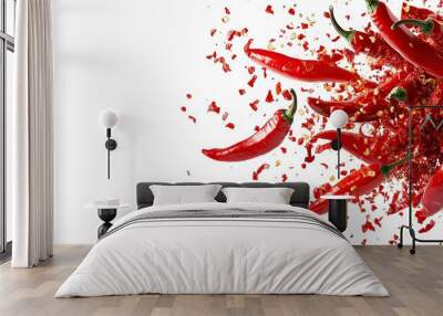 Falling bursting chili peppers isolate white background Wall mural