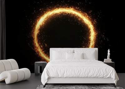 Fire circle or ring shape on dark black background. Abstract shiny sparkling fire particles Wall mural