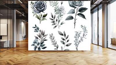 Set of floral watecolor. black flower and leaves. Floral poster, invitation floral. Vector arrangements for greeting card or invitation design Wall mural