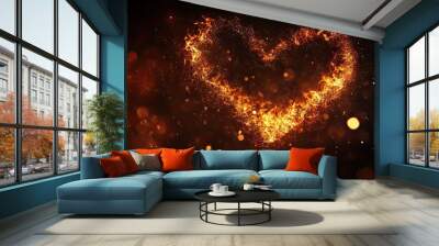 heart shaped flame particles on black background. Sparkle background. Abstract dark sparkling fire particles. Wall mural