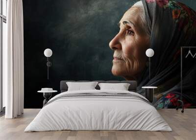 islam woman old smiling  gray background  Wall mural