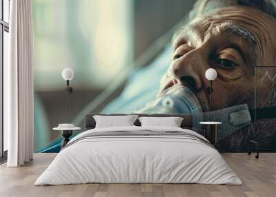 Man in lies in a hospital bed wearing an oxygen mask Wall mural